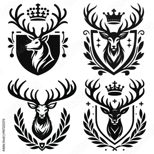 Stag heraldic emblems vector illustration black and white, representing royalty and honor