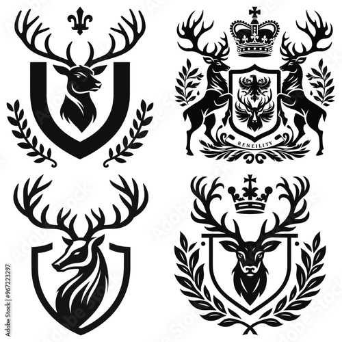 Vintage deer emblem designs, black and white vector illustrations, perfect for heraldic crests