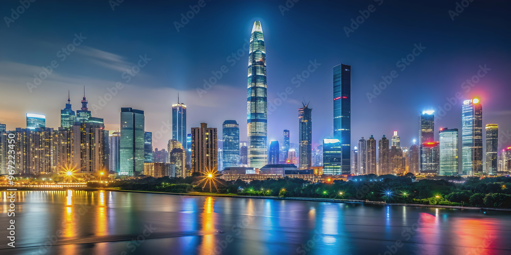 Fototapeta premium Shenzhen skyline cityscape with skyscrapers in downtown panorama at night in Shenzhen, China, Shenzhen, skyline, cityscape