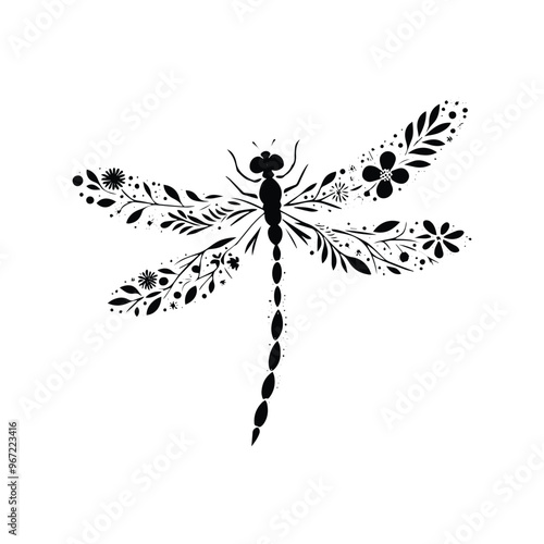 Dragonfly insect made by simple flower drawing, black and white animal illustration
