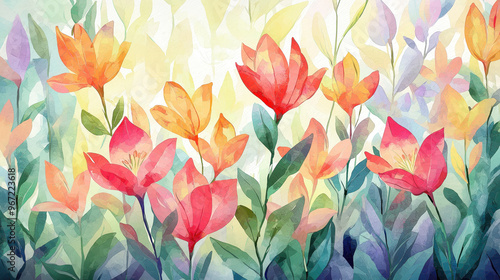 A vibrant watercolor floral pattern featuring colorful flowers swaying gently in a soft background of pastel hues.