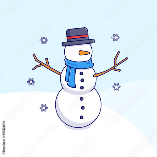 A snowman with a blue hat and a blue scarf on it