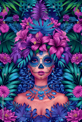 A woman with a flower headdress and a skeleton on her face. The flowers are purple and the background is green