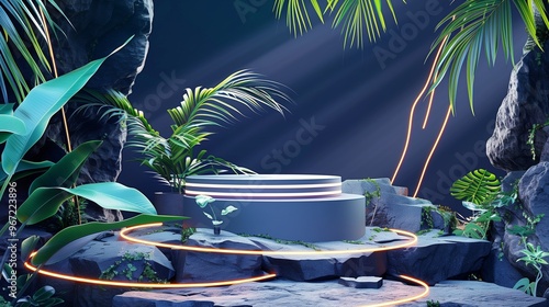 : A modern podium on a rugged rock formation, surrounded by tropical plants and an abstract background with fluid lines and bright colors.
