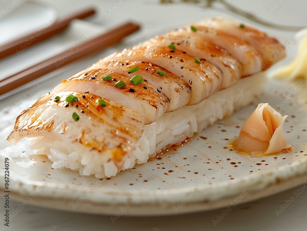 Hokkigai Nigiri, surf clam sushi on rice, classic Nigiri on ceramic plate, close up photo with beige background Hokkigai Nigiri, surf clam sushi on rice, classic Nigiri on ceramic plate, close up photo with beige background