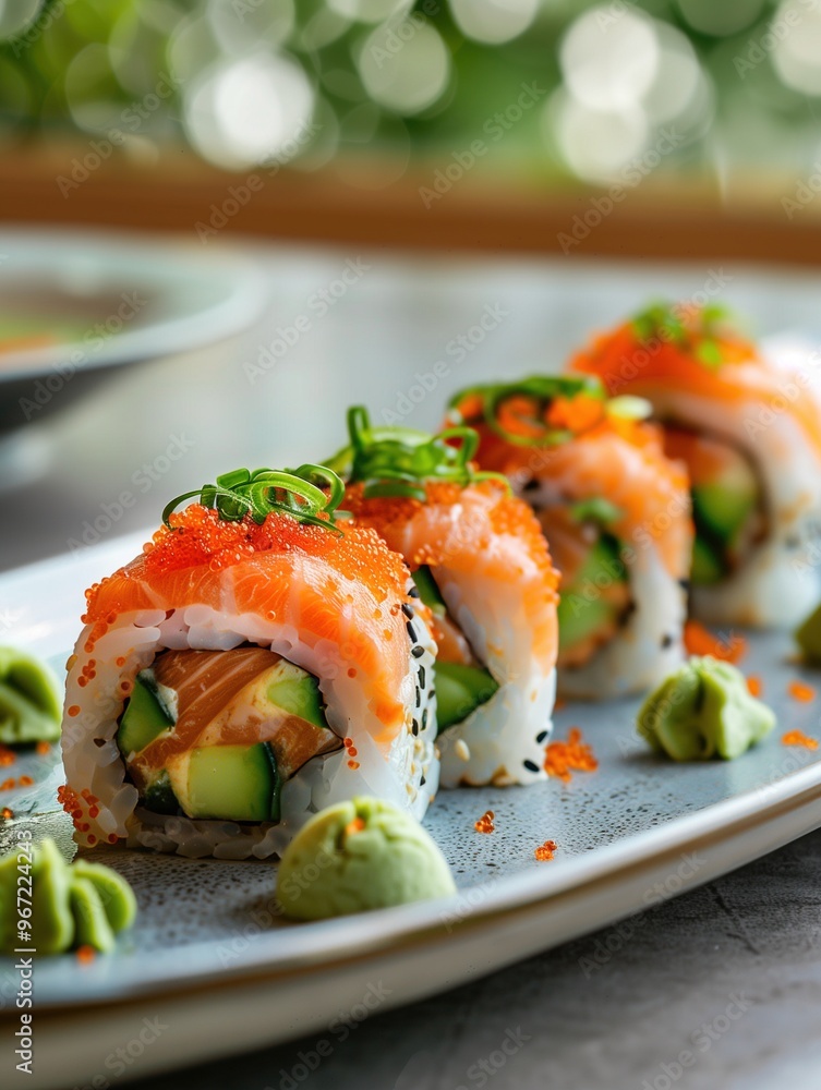 Japanese Cherry Blossom Roll with salmon, avocado, cucumber, and seared tuna on a beige background Japanese Cherry Blossom Roll with salmon, avocado, cucumber, and seared tuna on a beige background