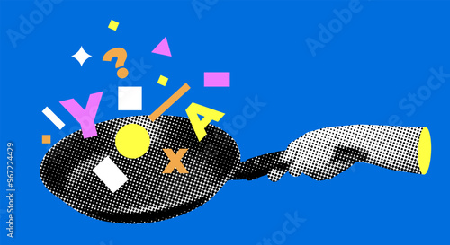 Modern Collage. Puzzle Concept. Halftone hand holding frying pan with geometric shapes and letters in it
