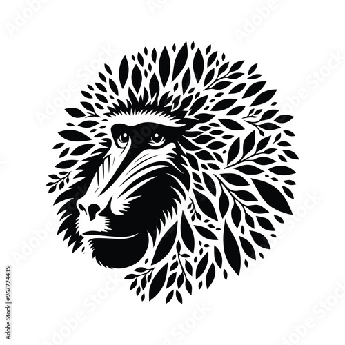 baboon monkey made by simple botanical drawing, black and white animal illustration black and white animal illustration
