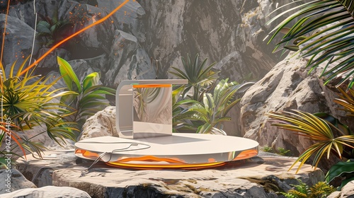 : A modern podium on a rugged rock formation, surrounded by tropical plants and an abstract background with fluid lines and bright colors.