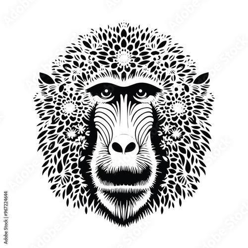 baboon monkey made by simple flower drawing, black and white animal illustration