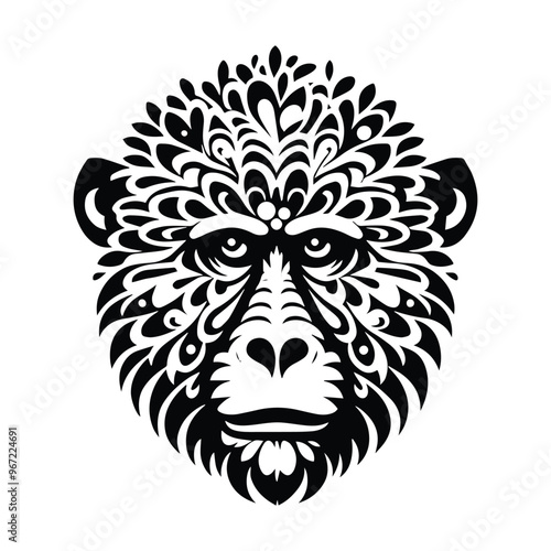 baboon monkey made by simple flower drawing, black and white animal illustration