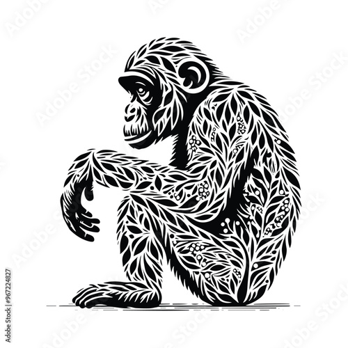 Chimpanzee monkey made by simple botanical drawing, black and white animal illustration black and white animal illustration