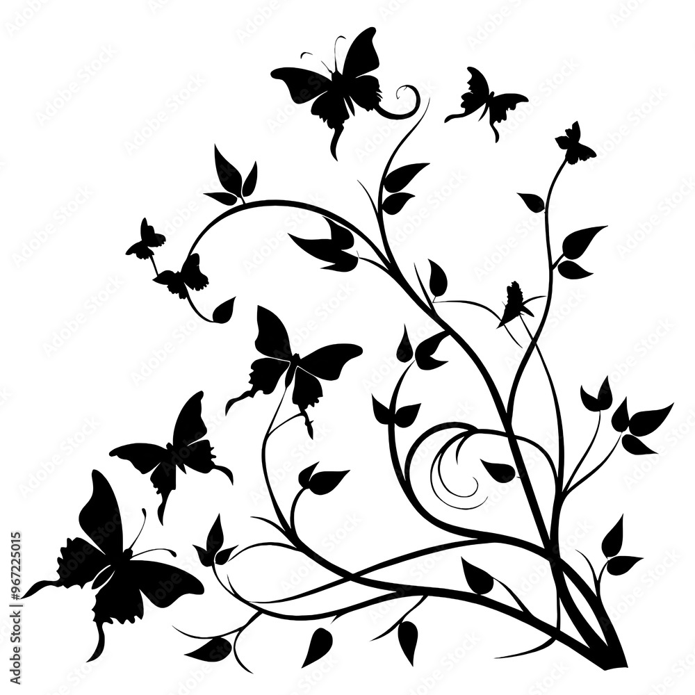 Fototapeta premium Graceful vines intertwine with fluttering butterflies in black silhouette art showcasing a harmonious blend of nature and artistry in a captivating display