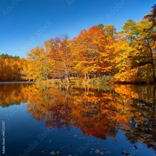 A peaceful lake surrounded by trees in full autumn colors, their vibrant reds, oranges, and yellows perfectly reflected in the still water, creating a serene and picturesque landscape.