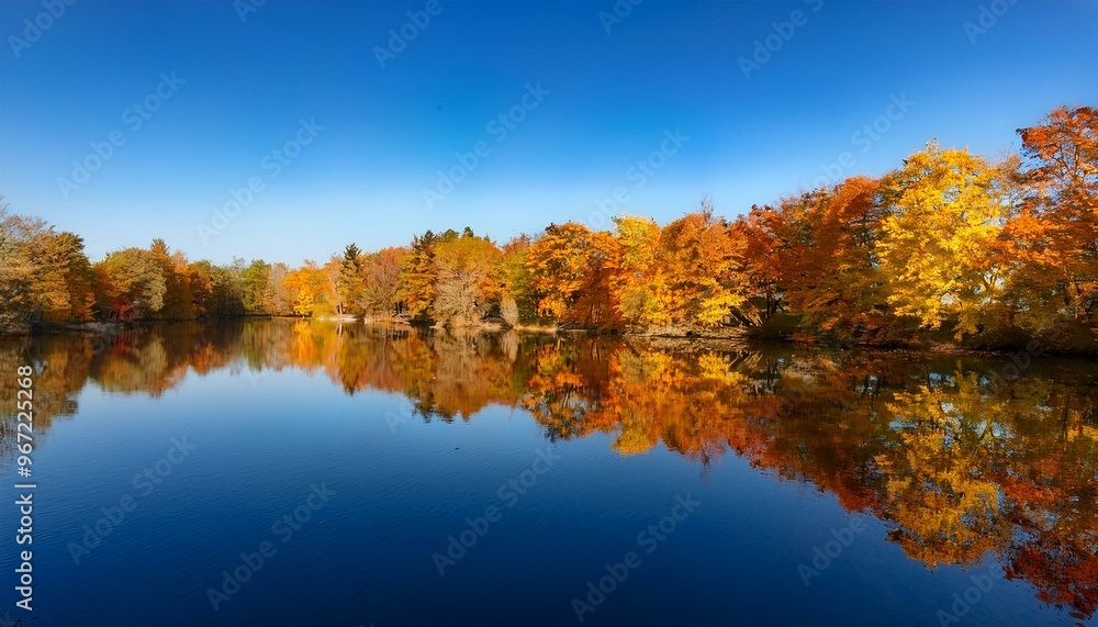 A peaceful lake surrounded by trees in full autumn colors, their vibrant reds, oranges, and yellows perfectly reflected in the still water, creating a serene and picturesque landscape. A peaceful lake surrounded by trees in full autumn colors, their vibrant reds, oranges, and yellows perfectly reflected in the still water, creating a serene and picturesque landscape.