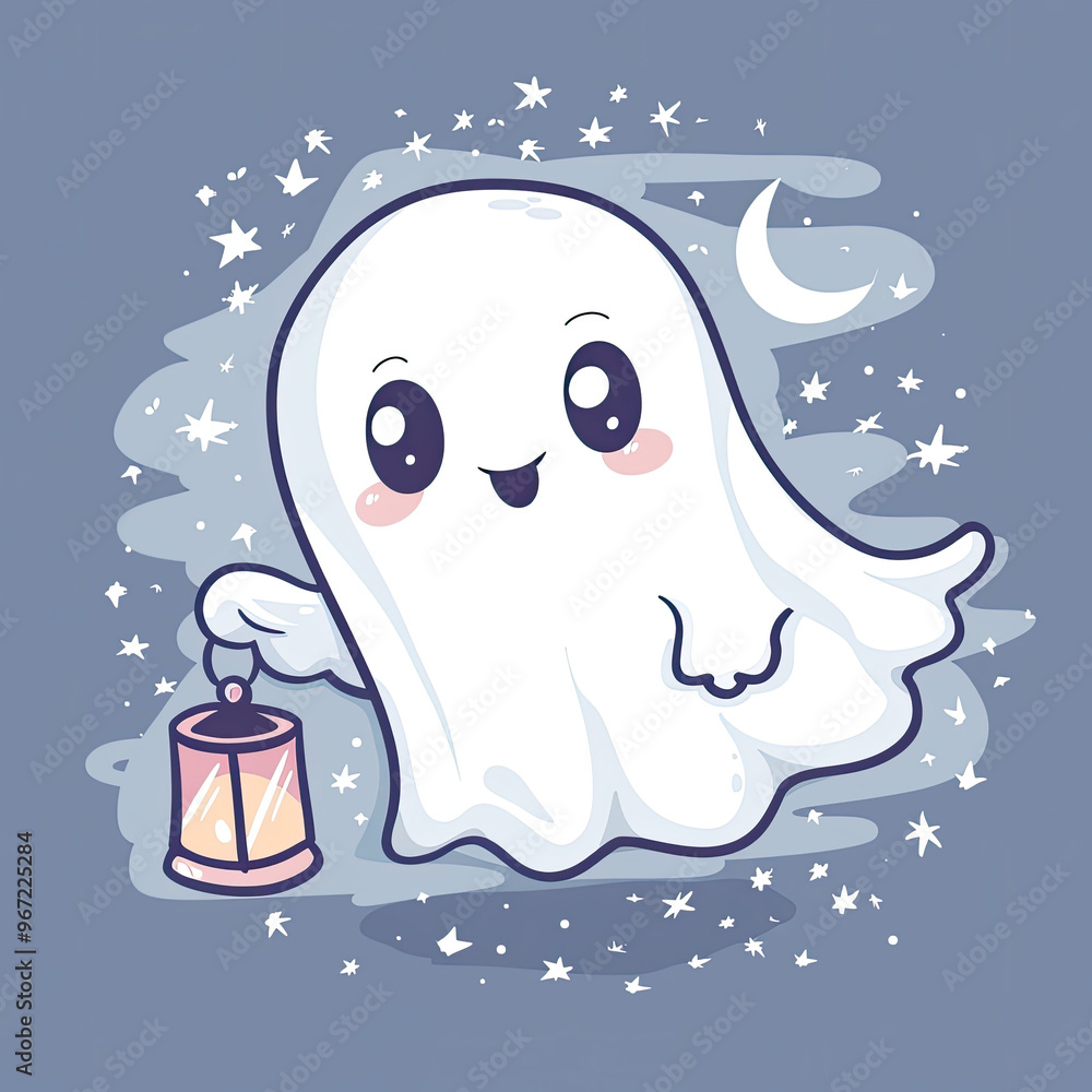 Cute kawaii ghost with lantern. Halloween character. Nursery art style Cute kawaii ghost with lantern. Halloween character. Nursery art style