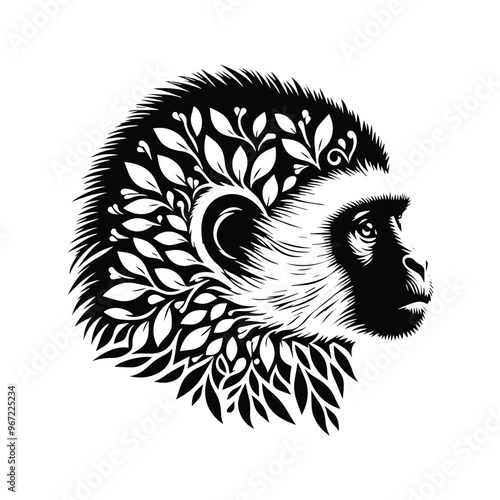 Colobus monkey made by simple botanical drawing, black and white animal illustration black and white animal illustration