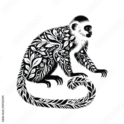 galada monkey made by simple botanical drawing, black and white animal illustration black and white animal illustration