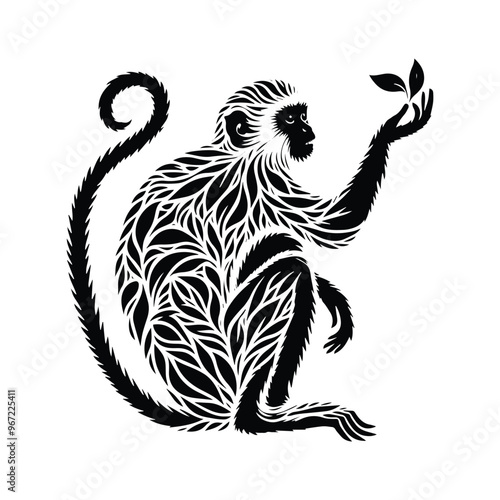 galada monkey made by simple botanical drawing, black and white animal illustration black and white animal illustration