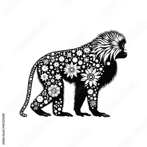 galada monkey made by simple flower drawing, black and white animal illustration