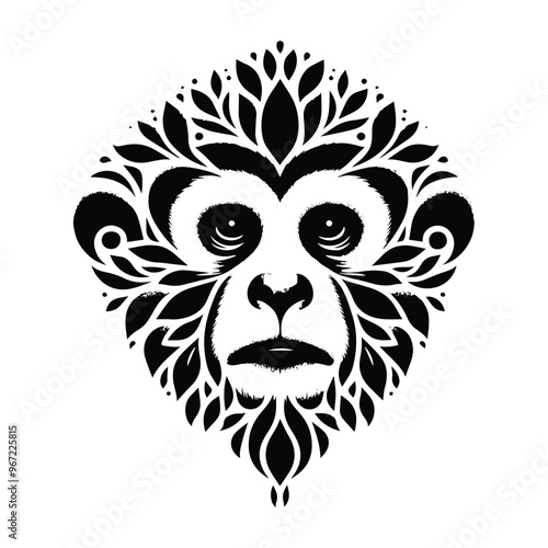 Gibbon monkey made by simple botanical drawing, black and white animal illustration black and white animal illustration