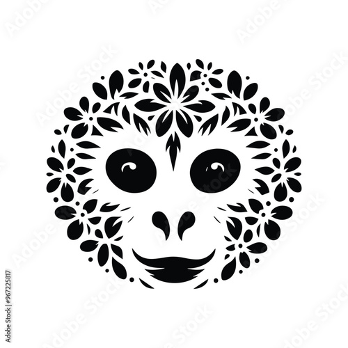 Gibbon monkey made by simple flower drawing, black and white animal illustration