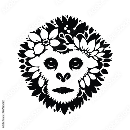 Gibbon monkey made by simple flower drawing, black and white animal illustration
