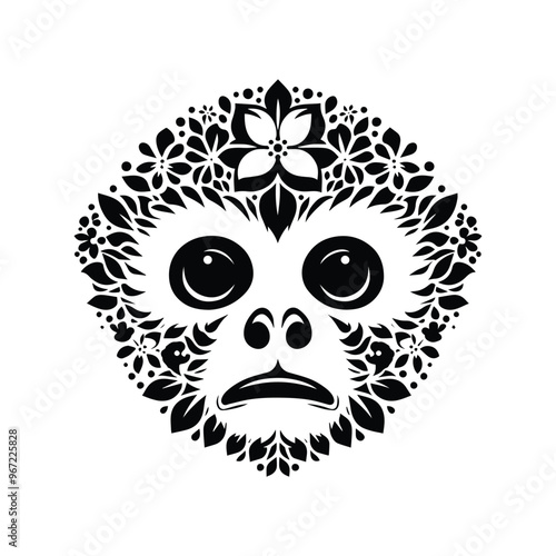 Gibbon monkey made by simple flower drawing, black and white animal illustration