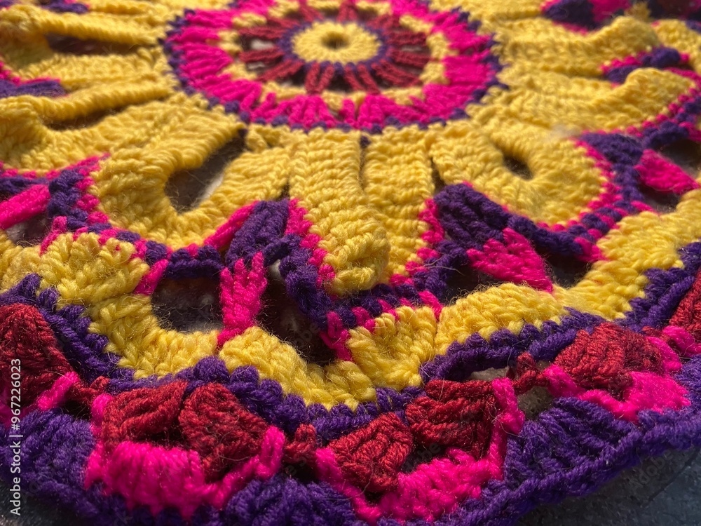 Crochet doily with big flower bright multicolour handmade art decor design Crochet doily with big flower bright multicolour handmade art decor design