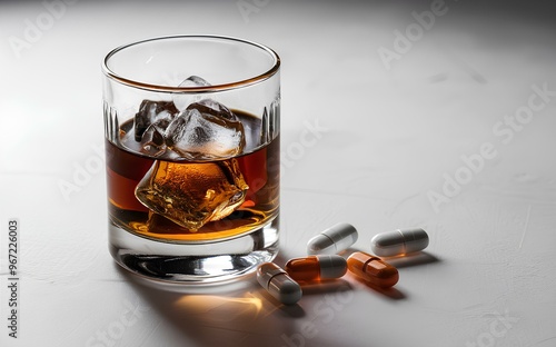 Glass of whiskey with ice and pills on a white background, highlighting alcohol abuse. Medicine concept with ample copy space. photo