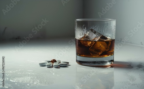 Glass of whiskey with ice and pills on a white background, highlighting alcohol abuse. Medicine concept with ample copy space. photo