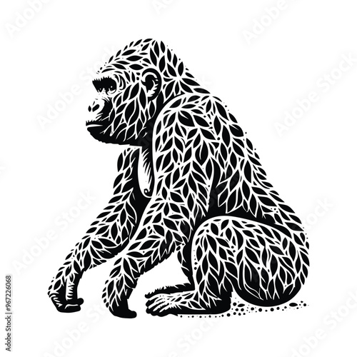 gorilla monkey made by simple botanical drawing, black and white animal illustration black and white animal illustration