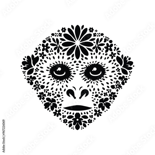 Gibbon monkey made by simple flower drawing, black and white animal illustration