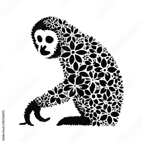 Gibbon monkey made by simple flower drawing, black and white animal illustration