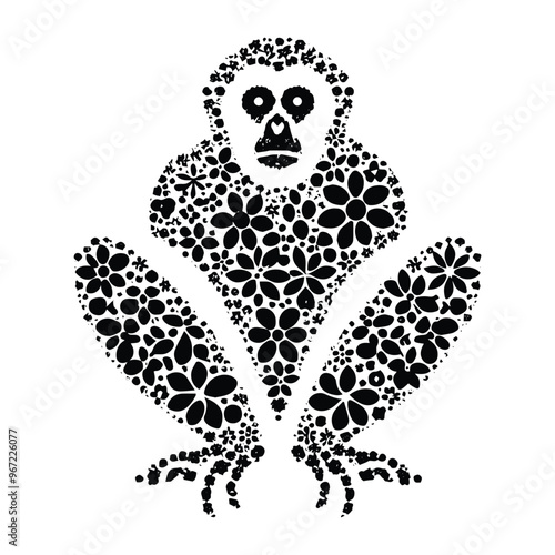 Gibbon monkey made by simple flower drawing, black and white animal illustration