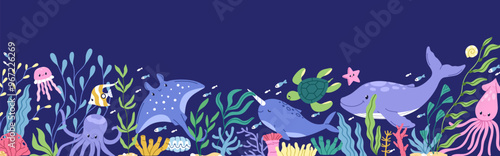 Sea marine life, underwater flora and fauna, banner. Cute ocean animals and plants panorama, seabed background. Happy under water sealife, seabed border with fishes. Childish flat vector illustration