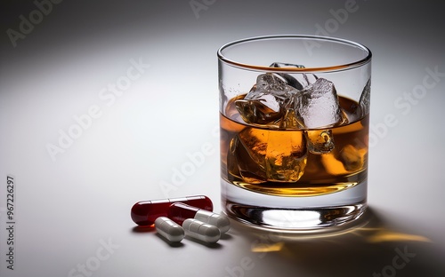 Glass of whiskey with ice and pills on a white background, highlighting alcohol abuse. Medicine concept with ample copy space. photo