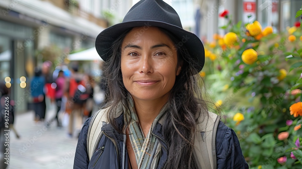 A woman with long dark hair wearing a black hat and a jacket, smiling in a vibrant outdoor setting filled with colorful flowers and people in the background. A woman with long dark hair wearing a black hat and a jacket, smiling in a vibrant outdoor setting filled with colorful flowers and people in the background.