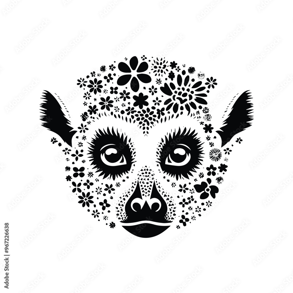 Fototapeta premium lemur monkey made by simple flower drawing, black and white animal illustration