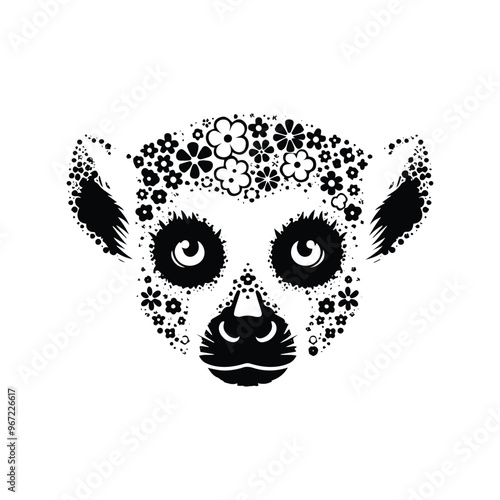 lemur monkey made by simple flower drawing, black and white animal illustration