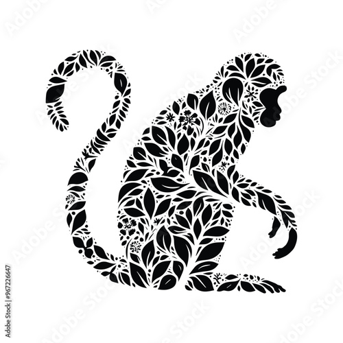monkey made by simple botanical drawing, black and white animal illustration black and white animal illustration