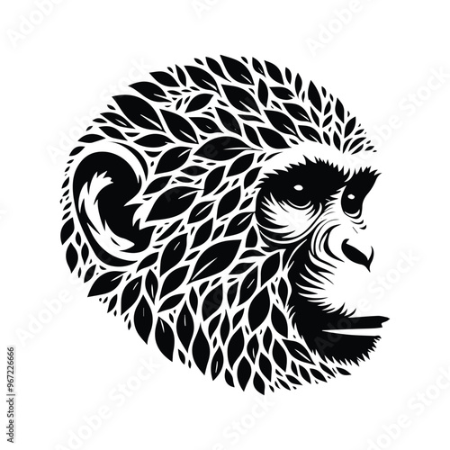 monkey made by simple botanical drawing, black and white animal illustration black and white animal illustration