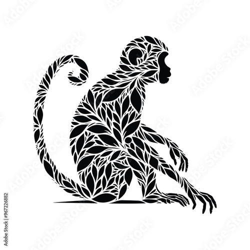 monkey made by simple botanical drawing, black and white animal illustration black and white animal illustration