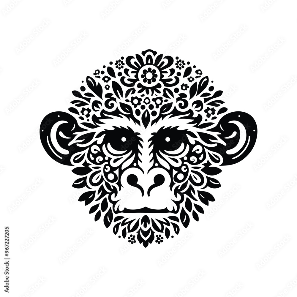 monkey made by simple flower drawing, black and white animal illustration monkey made by simple flower drawing, black and white animal illustration