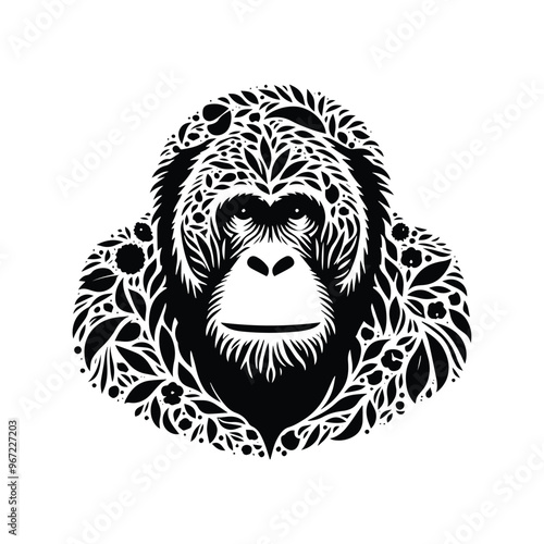 orangutan monkey made by simple botanical drawing, black and white animal illustration black and white animal illustration
