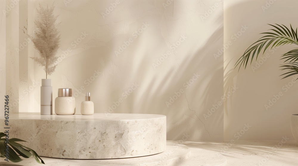 : A polished limestone podium with smooth edges, placed in a serene, neutral-toned setting, ideal for high-end cosmetic displays. : A polished limestone podium with smooth edges, placed in a serene, neutral-toned setting, ideal for high-end cosmetic displays.