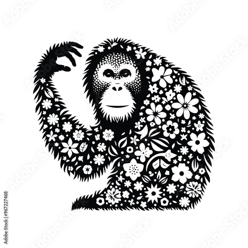 orangutan monkey made by simple flower drawing, black and white animal illustration