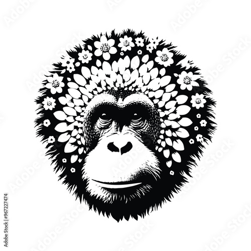 orangutan monkey made by simple flower drawing, black and white animal illustration