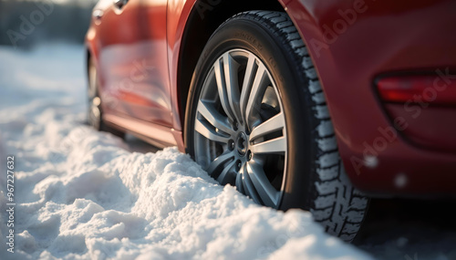 Car wheel close-up stuck in the snow