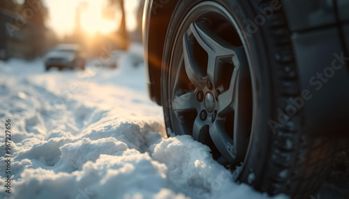 Car wheel close-up stuck in the snow